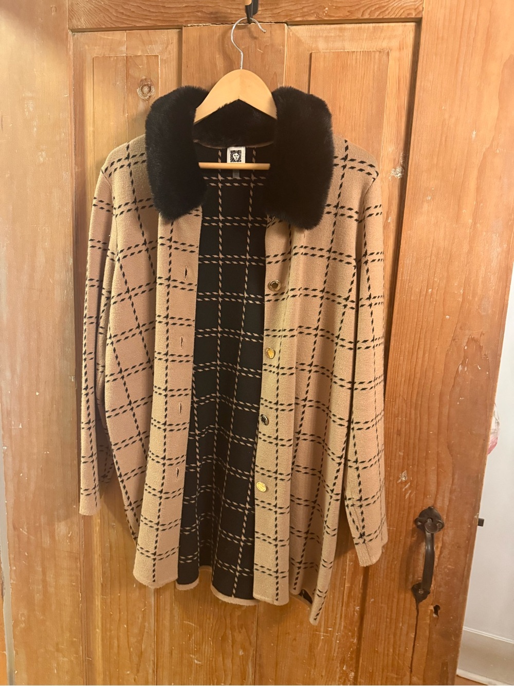 Anne Klein Camel and Black Checked Coat with Faux-Fur Collar